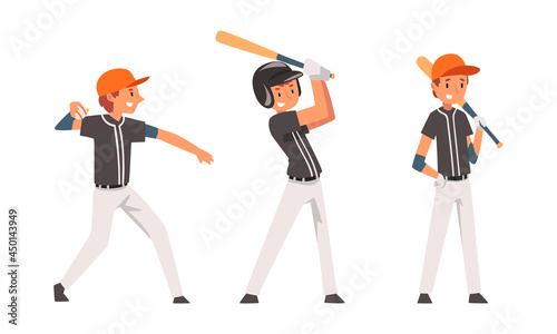 Boy as Baseball Player on Sport Field Playing Bat-and-ball Game Vector Set