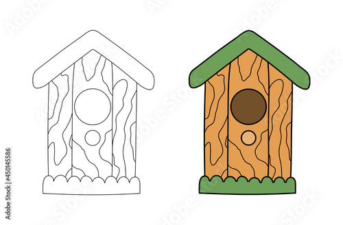 Wooden birdhouse with a hole and a perch in a simple flat graphic outline style. Isolated vector garden nesting box. Linear and color hand-drawn illustration of nesting and feeding place for birds
