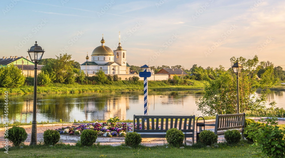 Embankment of the Velikaya River in the ancient Russian town of Ostrov