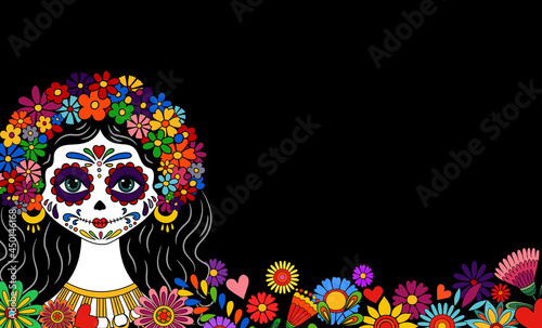 Catrina Dia de los muertos. Day of the dead and Halloween. Mexican tradition, festival. Day of the dead Woman make up of sugar skull. Calavera Catrina isolated. Dia de los Muertos tattoo background.