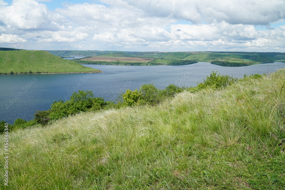 Panorama of the Bakota nature reserve in the Dniester river reservoir. Panorama of the Bakota nature reserve in the Dniester river reservoir.