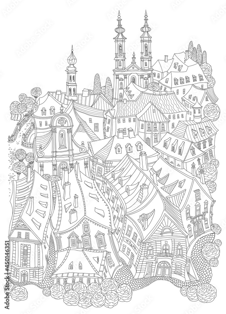 Vector black and white outline contoured fantasy landscape, fairy tale small town medieval buildings. T shirt print. Adults Coloring Book page, Travel brochure 