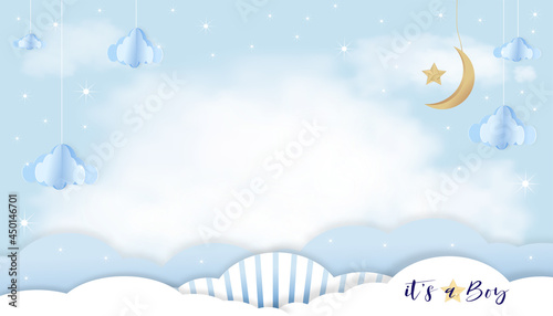 Vector for baby boy shower card on blue background,Cute Paper art abstract origami cloudscape, crescent moon and stars hanging on blue sky,Fluffy clouds with copy space for baby's photos