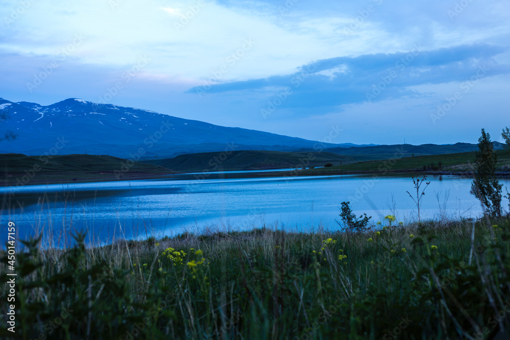 Aparan Reservoir in  Armenia blue sky background