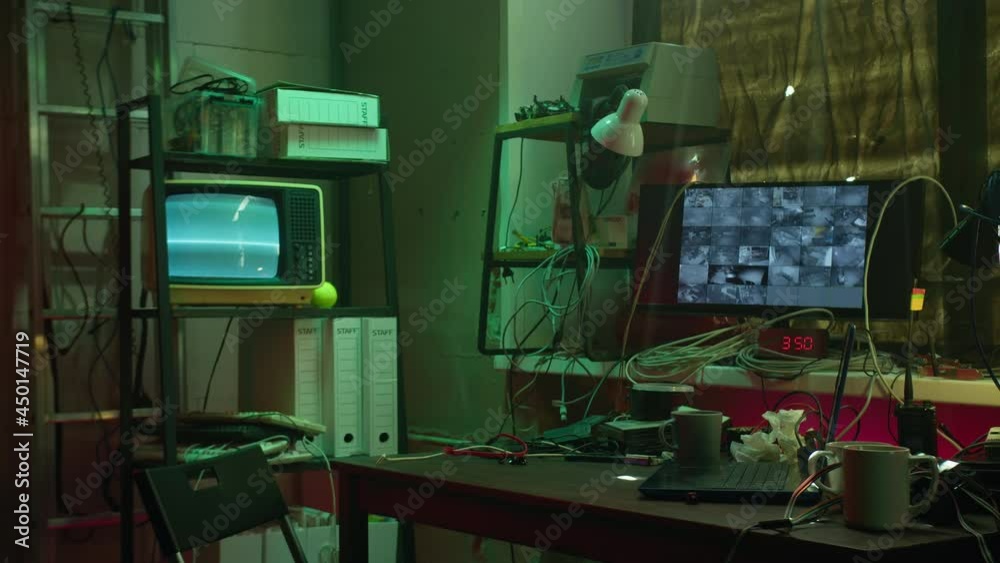 Robbery Computer Room Shooting of hacker room. Video surveillance system on monitor screen ...