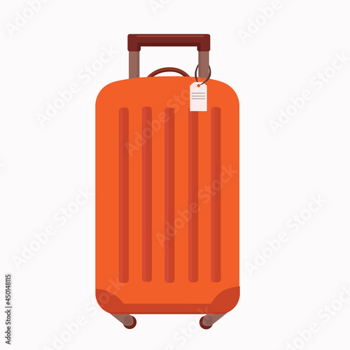 Modern red suitcase on wheels for traveling or business trips. Vector flat design.