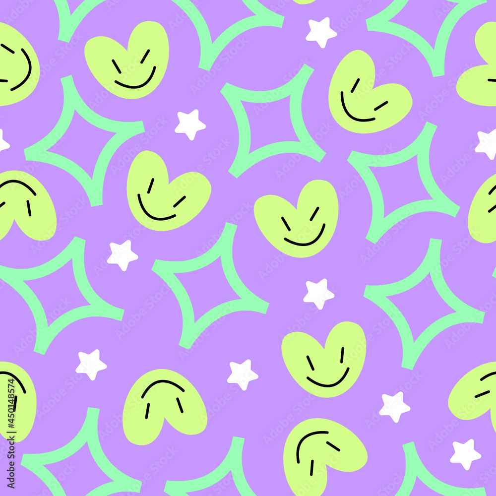 Obraz premium Seamless pattern with smile hearts. Cute vector illustration with stars and hearts. Decorative baby print.