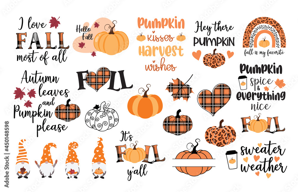 Fall vector illustration set, autumn quotes bundle