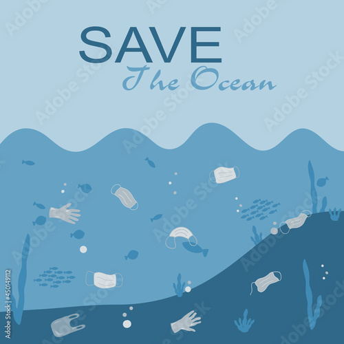 Underwater trash, ocean pollution by medical masks after a coronavirus pandemic.