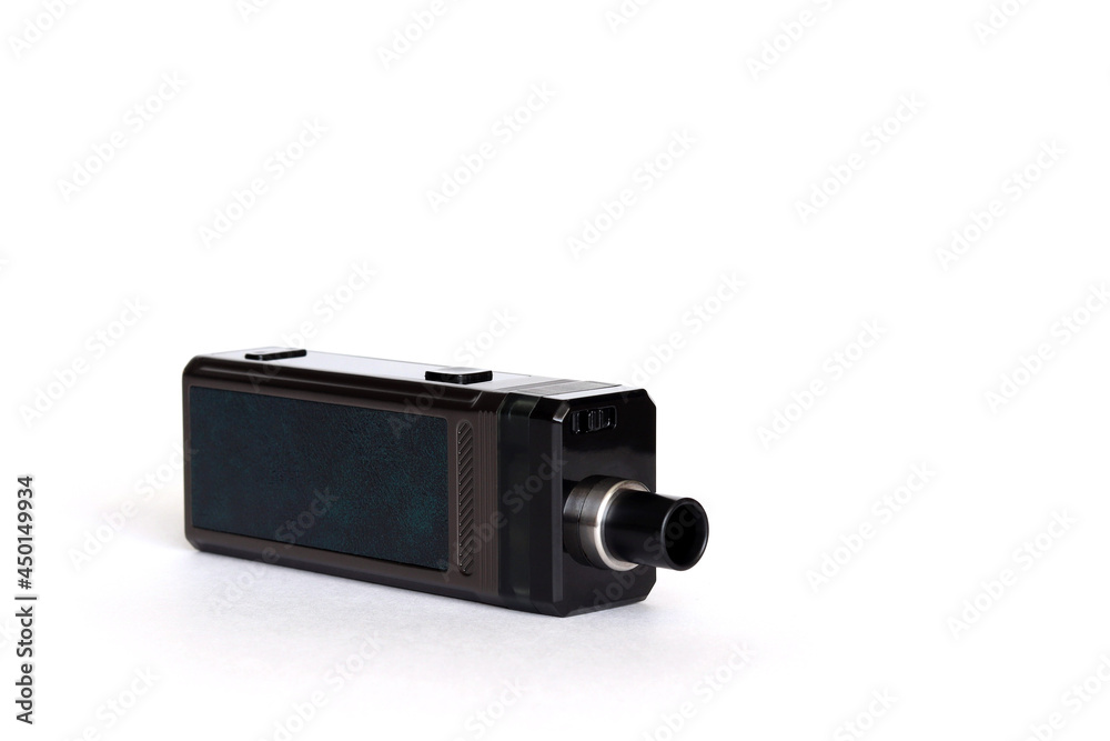 An electronic cigarette on a white table. Place for the inscription. VAPE smokes. The concept of vaping. Gadgets made of steam. A vaping store. An electronic cigarette on a white table. Place for the inscription. VAPE smokes. The concept of vaping. Gadgets made of steam. A vaping store.