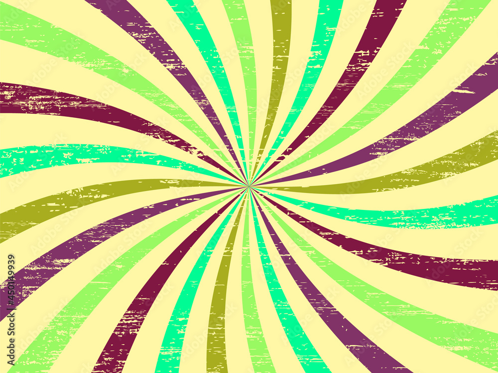 .Retro background with curved, rays or stripes in the center. Rotating, spiral stripes. Sunburst retro background with Grunge texture . Colorful colors. Vector illustration