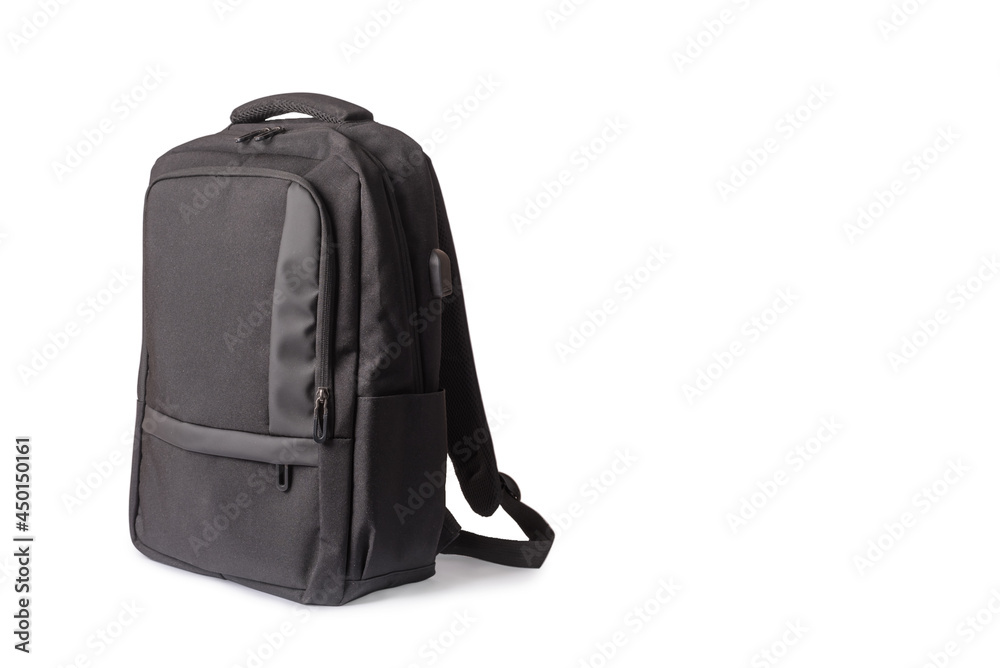 Schoolbag on a white background. Black material. Preschool education. Schoolbag on a white background. Black material. Preschool education.