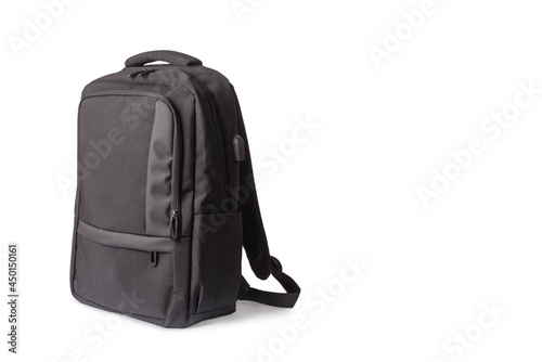 Schoolbag on a white background. Black material. Preschool education.
