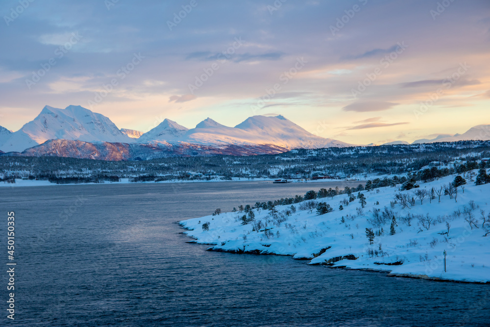 Colourful mountains with snow in Tromsø, Norway