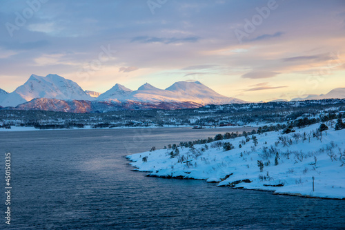 Colourful mountains with snow in Tromsø, Norway