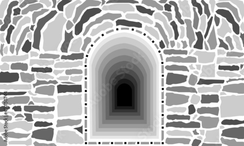 Túnel y pared de piedra en blanco y negro