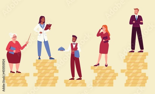 Male and female characters are standing on coins showing their financial inequality. Concept of unfair income or career growth opportunity, gap in earning. Flat cartoon vector illustration.