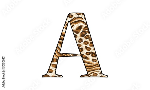 Vector capital letter A with wild leopard skin print isolated on white background. Letters of Alphabet of African wild animal realistic skin