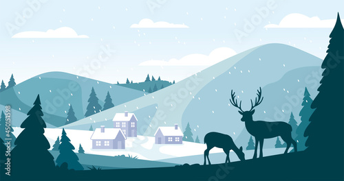 Christmas winter atmospheric landscape with snow drifts, mountain village, forest and reindeers. Holiday nature background with small distant town between mointains. X-mas panoramic winter landscape photo