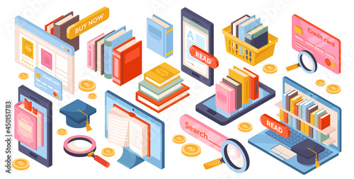Set of essential library reading elements on white background. Reading dictionary in library. Libraries  internet archive of books  history culture  online book. Isometric cartoon vector illustration