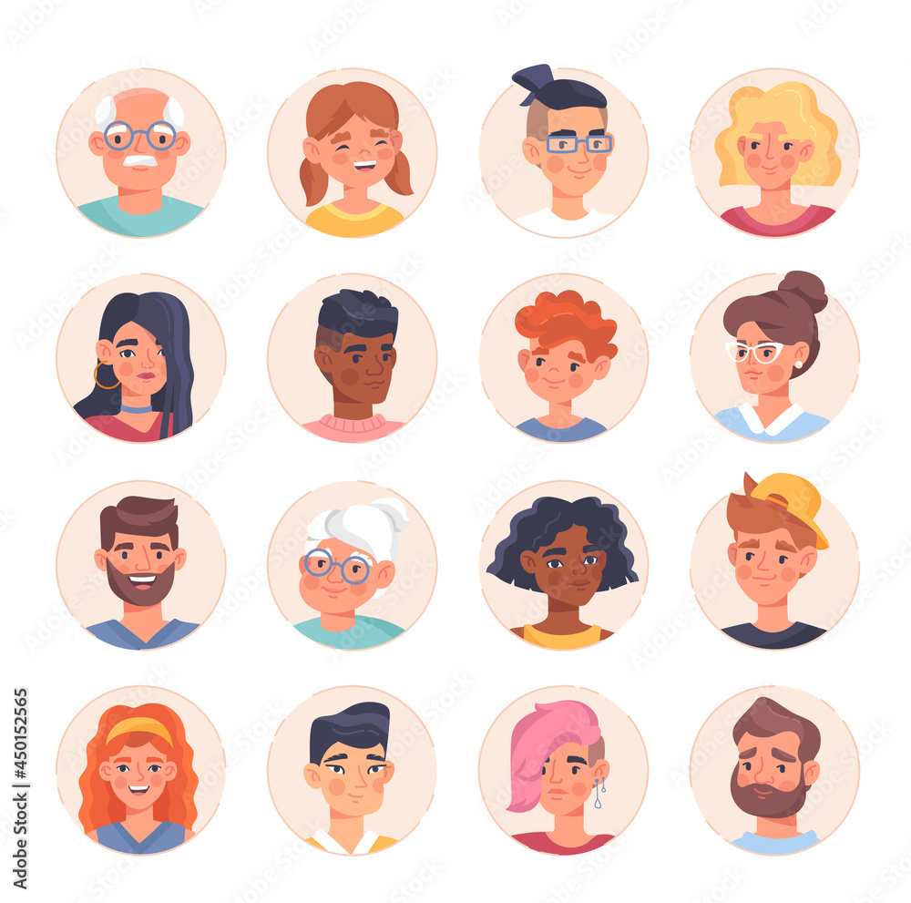Set with male and female portraits with diferent emotions as profile avatar. Collection of different men and women completing social profile with avatar picture. Flat cartoon vector illustration Set with male and female portraits with diferent emotions as profile avatar. Collection of different men and women completing social profile with avatar picture. Flat cartoon vector illustration