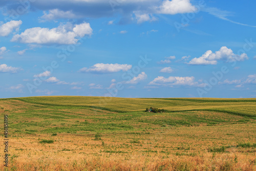 Beautiful wavy landscape of Moravian Tuscany in the Czech Republic. Blue sky and clouds.