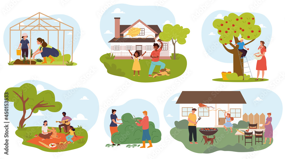 Set of male and female characters spending time at summer cottage together. Collection of man, woman, children picking harvest, relaxing, planting together outdoors. Flat cartoon vector illustration