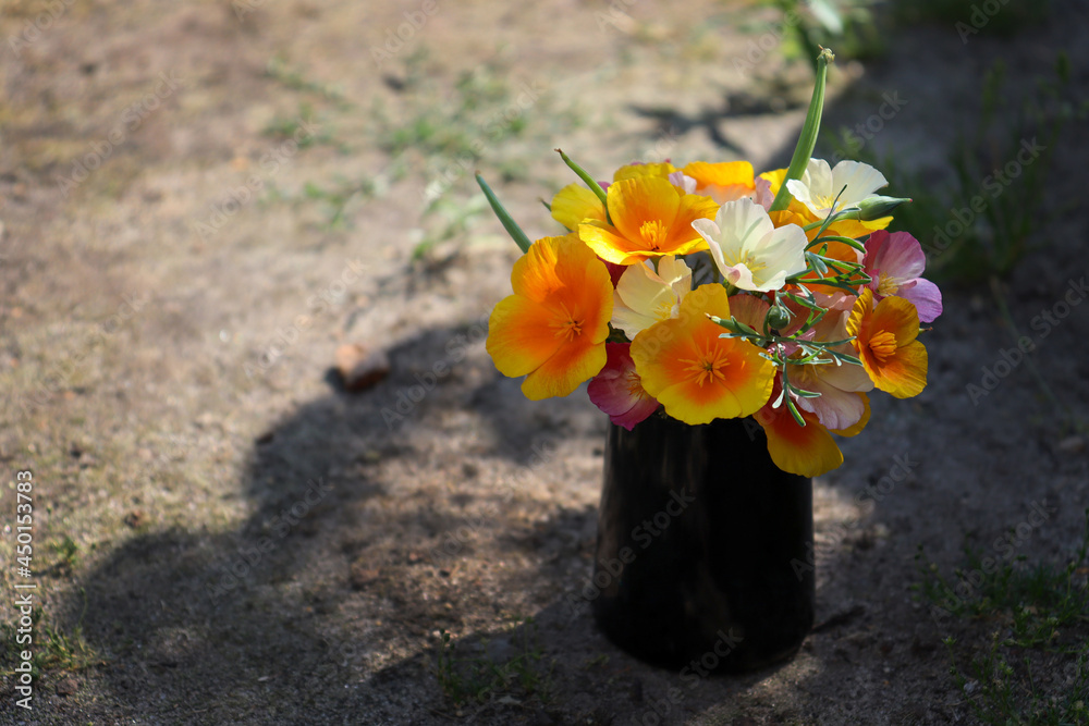 Beautiful bouquet of orange, pink and white flowers in a black vase. California poppy.