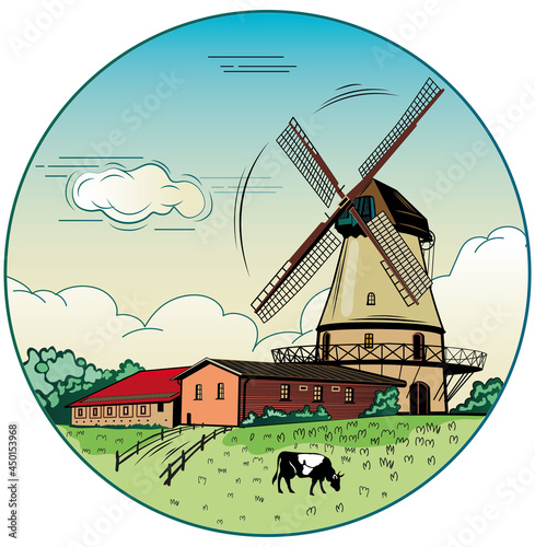a village mill for grinding grain around a field with wheat at the cow house