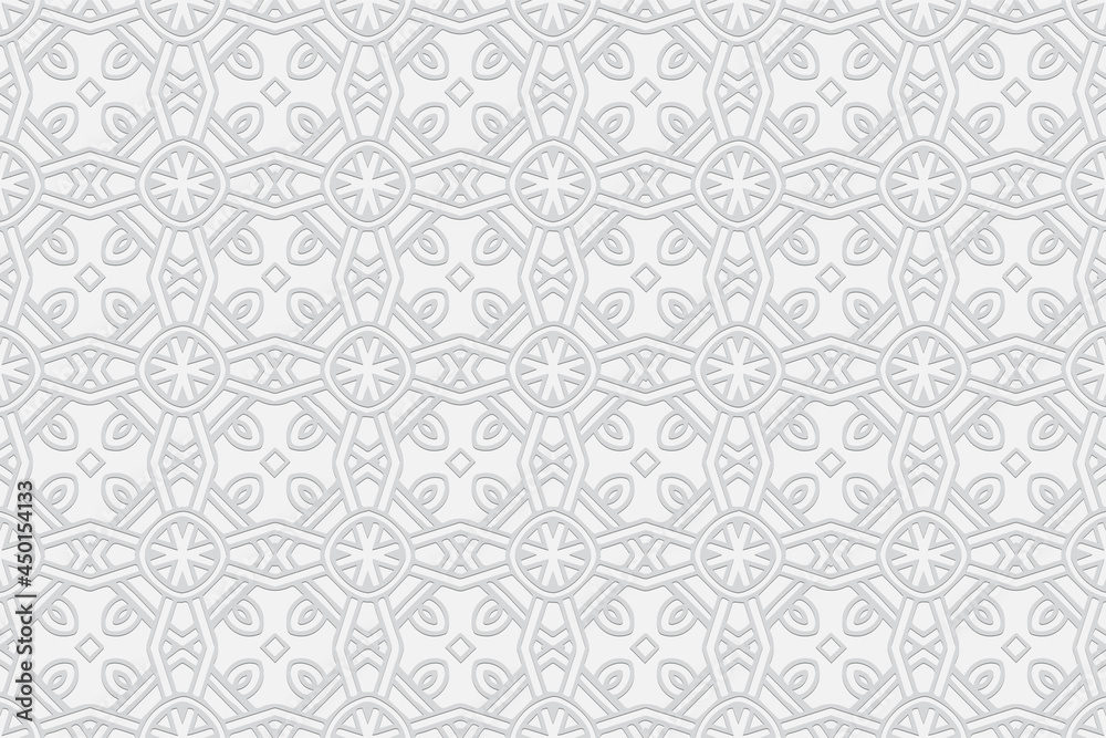 3d volumetric convex embossed geometric white background. Fashionable pattern in handmade technique. Ethnic oriental, Asian, Indonesian ornaments for design and decoration.