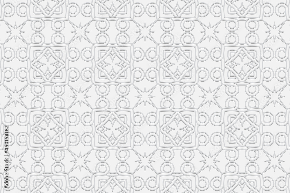 3d volumetric convex embossed geometric white background. Exotic pattern made using handmade technique. Ethnic oriental, Asian, Indonesian ornaments for design and decoration.