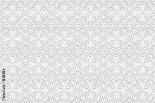 3d volumetric convex embossed geometric white background. Fashionable pattern in handmade technique. Ethnic oriental, Asian, Indonesian ornaments for design and decoration.