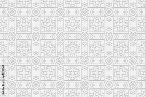 3d volumetric convex embossed geometric white background. Stylish pattern in handmade technique. Ethnic oriental, Asian, Indonesian ornaments for design and decoration.