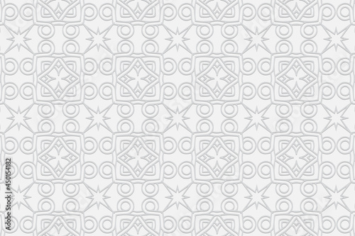 3d volumetric convex embossed geometric white background. Exotic pattern made using handmade technique. Ethnic oriental, Asian, Indonesian ornaments for design and decoration.