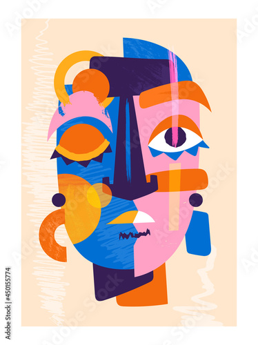 Cute colorful abstract face on pastel yellow background. Concept of abstract art colorful face portrait for creative use. Portrait for wall art, banner, social media. Flat vector illustration