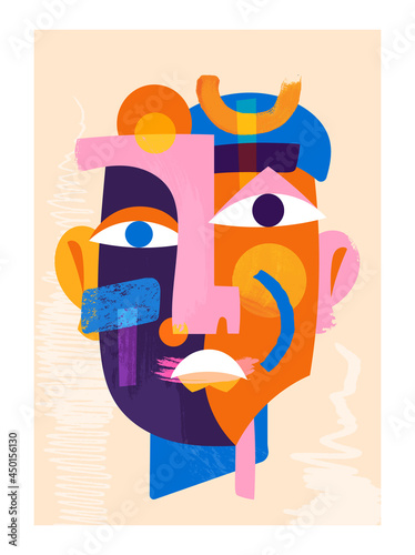 Colorful male abstract portrait on light yellow background. Abstract colorful smear face painting for home wall decoration, banner, social media post. Flat vector illustration
