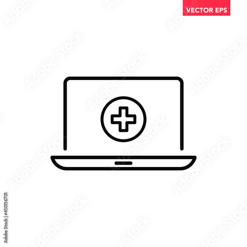 Black single ehealth concept line icon, simple medical record stats on monitor flat design pictogram, infographic vector for app logo web button ui ux interface elements isolated on white background