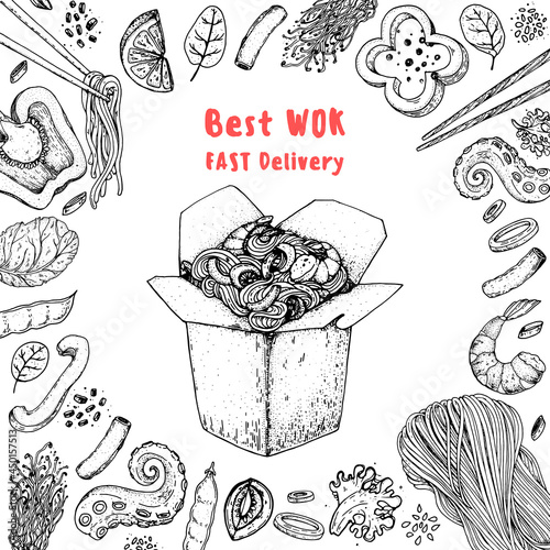 Hand drawn vector illustration - Wok box sketch, ingredients for wok . Noodles in a carton box. Asian food.