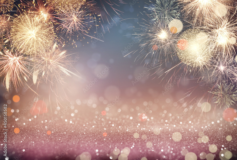 Abstract festive background with fireworks, bokeh effect. New Year  celebration Stock Photo | Adobe Stock