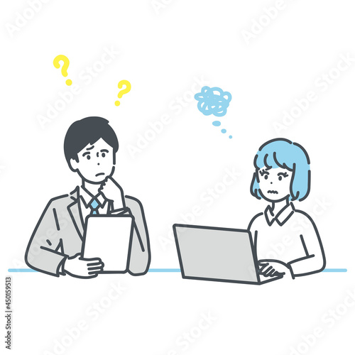 打ち合わせ中に悩むビジネスパーソンのイラスト素材
