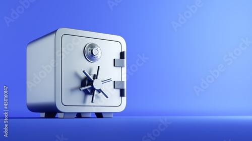 Slika na platnu 3d render, closed metallic safe box isolated on blue background