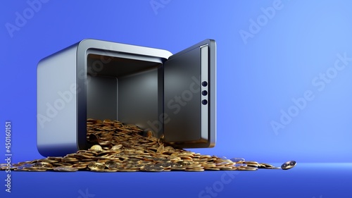 3d render, golden coins with the bitcoin symbol fall out the open safe box. Cryptocurrency protection concept