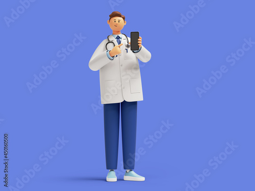 3d render. Doctor cartoon character shows smart phone device with blank screen. Clip art isolated on blue background. Medical application concept