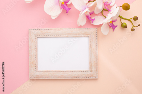 Frame on pink background with orchid with place for text © Alina Zavhorodnii