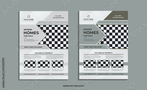Modern Home for sale flyer design with simple shapes and data.