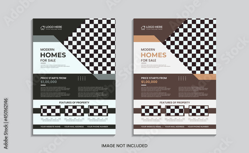 Home for sale flyer design with abstract shapes and data.