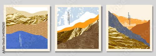 Vector graphic illustration. Abstract landscape. Mountains, hills. Japanese wavy pattern. Backgrounds collection. Asian style. Design for web banner, social media template. Gold foil texture