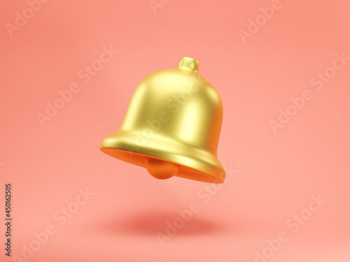 3d render icon of golden notification bell isolated on pink background. Social media notice event reminder. 3d rendering illustration, concept of notification message