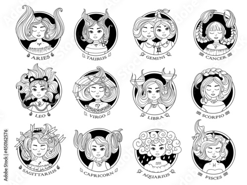 Zodiac signs. Astrological black-white icons. A set of pretty girls with different hairstyles. Astronomy. Vector illustration isolated on white background.