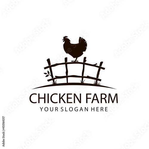 emblem of chicken on fence isolated on white background